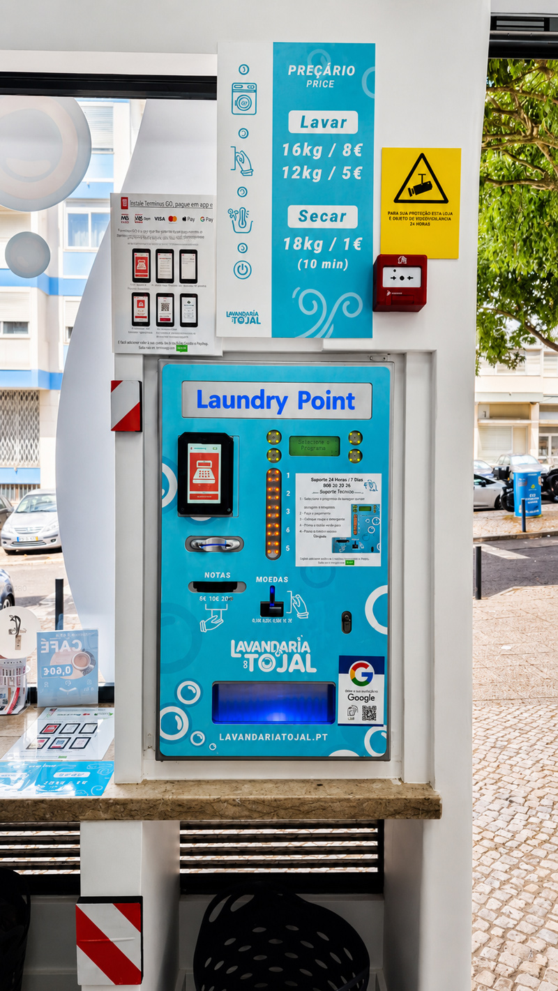 Máquina de pagamentos com notas, moedas e cartão, junto ao preçário